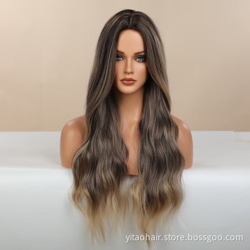 FZY  Anogol Synthetic Wig Ombre Blonde Brown Long Wigs Middle Part Hair Wig Daily Natural Wavy Heat Resistant Fiber for Women